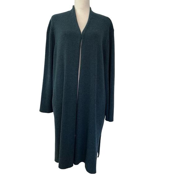 Eileen Fisher Italian Fine Merino Wool Long Cardigan Size 3X Blue Ribbed Luxury - Picture 1 of 7